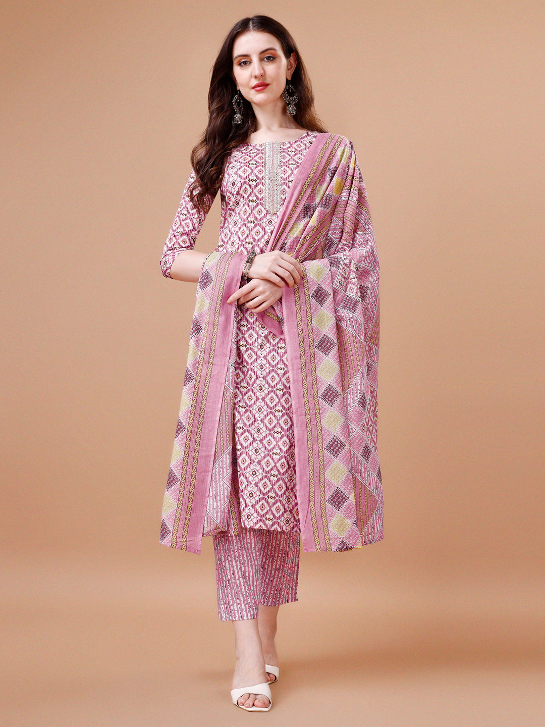 Printed & Lace Yoke Embroidered Kurta With Pant & Dupatta, Multicolor - Hiral Fashion - Distacart