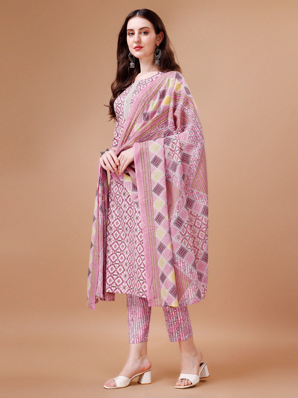 Printed & Lace Yoke Embroidered Kurta With Pant & Dupatta, Multicolor - Hiral Fashion - Distacart