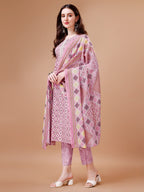 Printed & Lace Yoke Embroidered Kurta With Pant & Dupatta, Multicolor - Hiral Fashion - Distacart