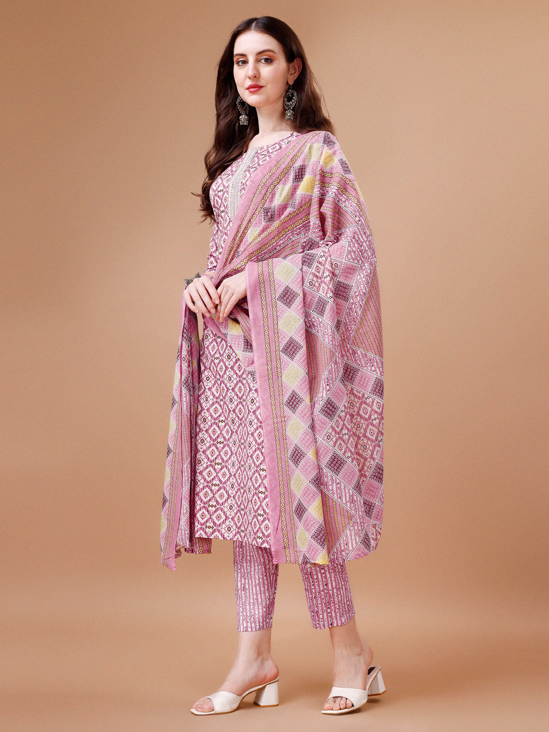 Printed & Lace Yoke Embroidered Kurta With Pant & Dupatta, Multicolor - Hiral Fashion - Distacart