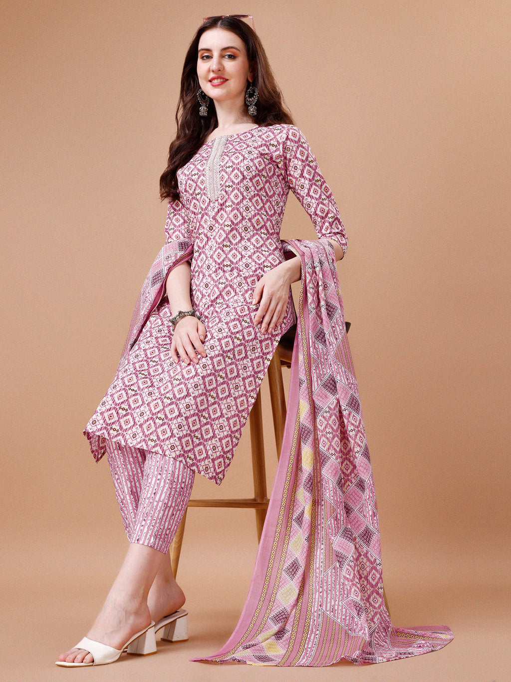 Printed & Lace Yoke Embroidered Kurta With Pant & Dupatta, Multicolor - Hiral Fashion - Distacart