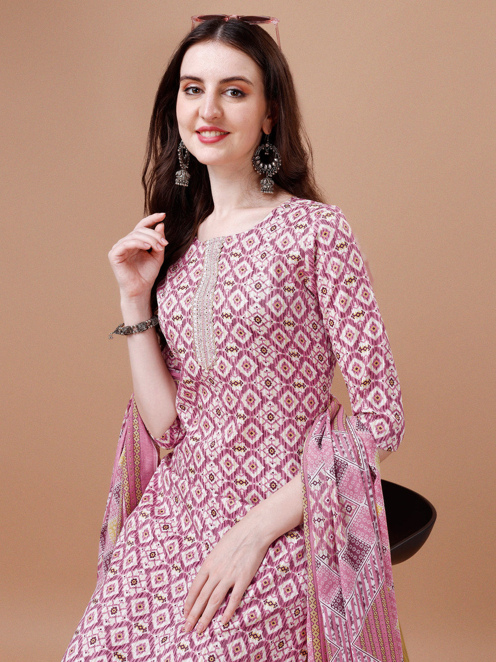 Printed & Lace Yoke Embroidered Kurta With Pant & Dupatta, Multicolor - Hiral Fashion - Distacart