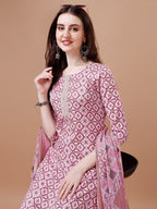 Printed & Lace Yoke Embroidered Kurta With Pant & Dupatta, Multicolor - Hiral Fashion - Distacart