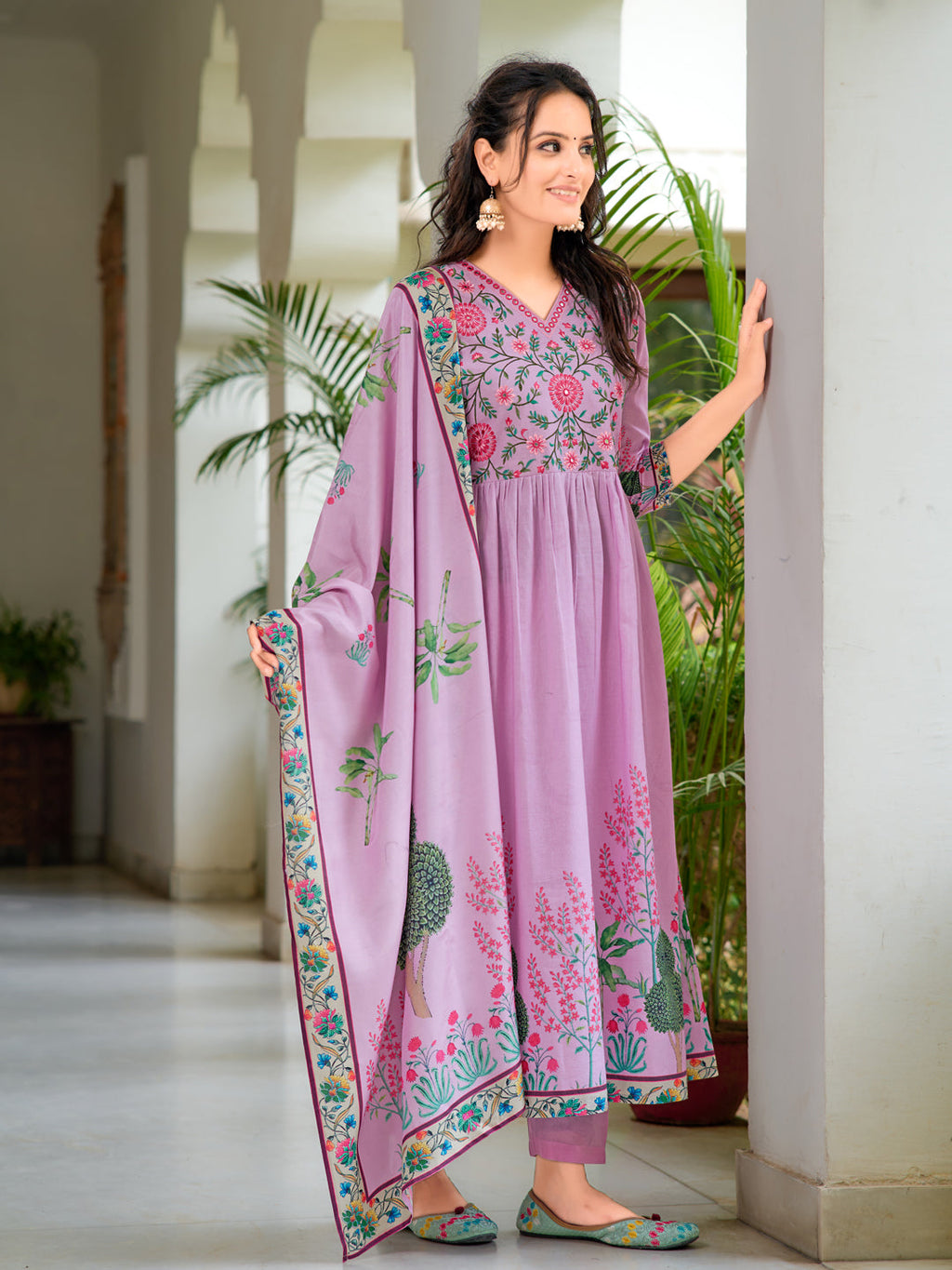 Placement Printed & Embroidered Flarded Kurta With Pant & Printed Dupatta, Lavender - Hiral Fashion - Distacart