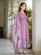 Placement Printed & Embroidered Flarded Kurta With Pant & Printed Dupatta, Lavender - Hiral Fashion - Distacart