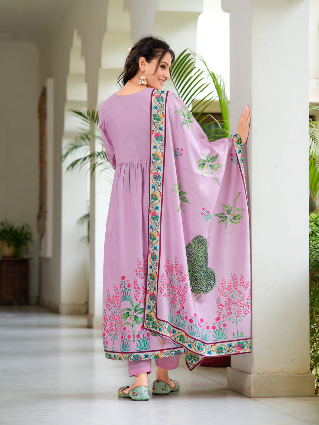 Placement Printed & Embroidered Flarded Kurta With Pant & Printed Dupatta, Lavender - Hiral Fashion - Distacart