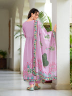Placement Printed & Embroidered Flarded Kurta With Pant & Printed Dupatta, Lavender - Hiral Fashion - Distacart