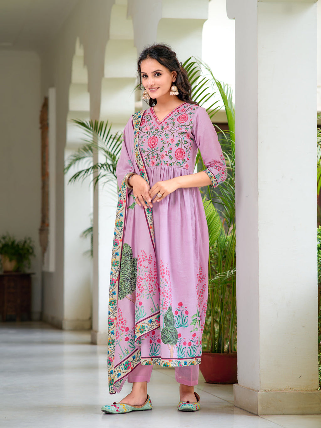Placement Printed & Embroidered Flarded Kurta With Pant & Printed Dupatta, Lavender - Hiral Fashion - Distacart