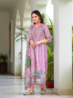 Placement Printed & Embroidered Flarded Kurta With Pant & Printed Dupatta, Lavender - Hiral Fashion - Distacart