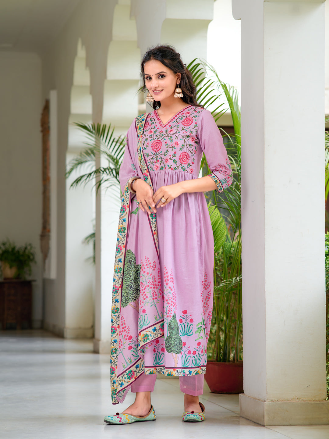 Placement Printed & Embroidered Flarded Kurta With Pant & Printed Dupatta, Lavender - Hiral Fashion - Distacart