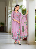 Placement Printed & Embroidered Flarded Kurta With Pant & Printed Dupatta, Lavender - Hiral Fashion - Distacart