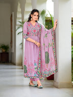 Placement Printed & Embroidered Flarded Kurta With Pant & Printed Dupatta, Lavender - Hiral Fashion - Distacart