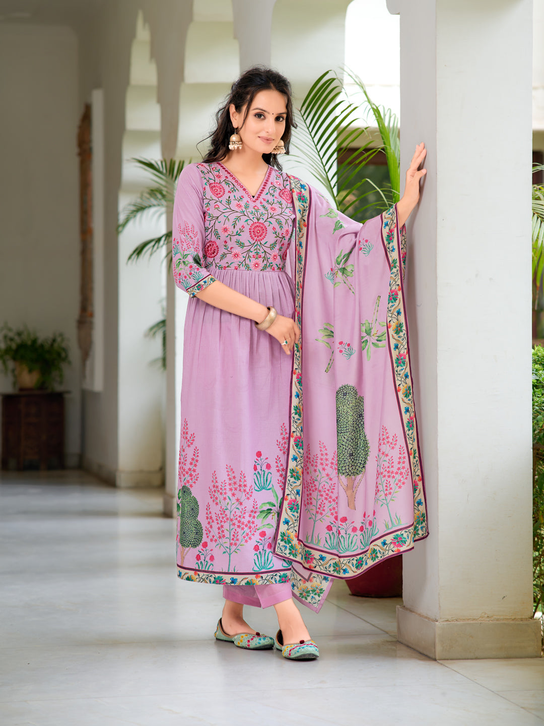 Placement Printed & Embroidered Flarded Kurta With Pant & Printed Dupatta, Lavender - Hiral Fashion - Distacart