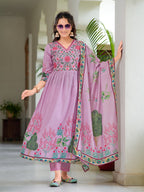 Placement Printed & Embroidered Flarded Kurta With Pant & Printed Dupatta, Lavender - Hiral Fashion - Distacart