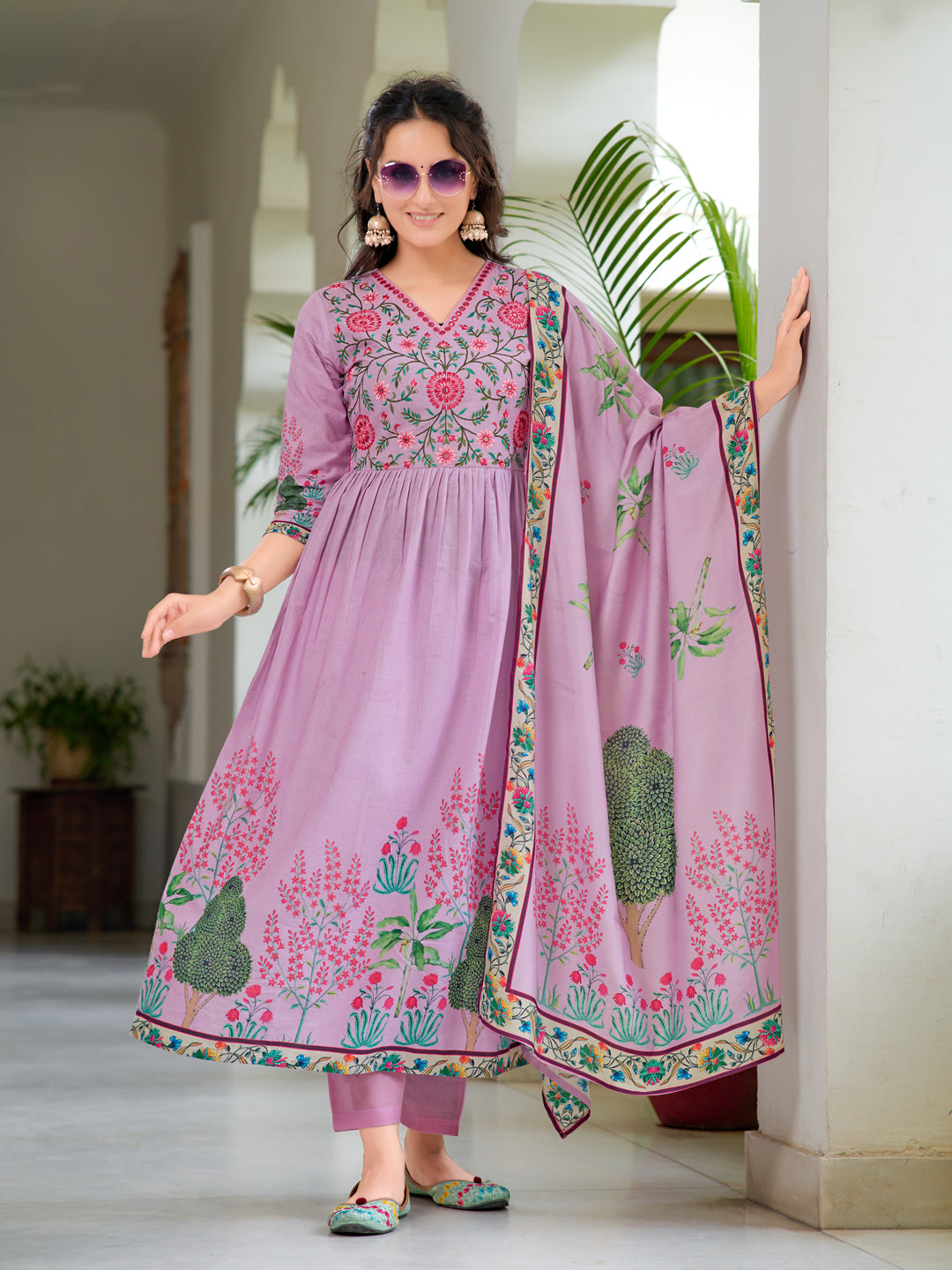 Placement Printed & Embroidered Flarded Kurta With Pant & Printed Dupatta, Lavender - Hiral Fashion - Distacart