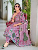 Placement Printed & Embroidered Flarded Kurta With Pant & Printed Dupatta, Lavender - Hiral Fashion - Distacart