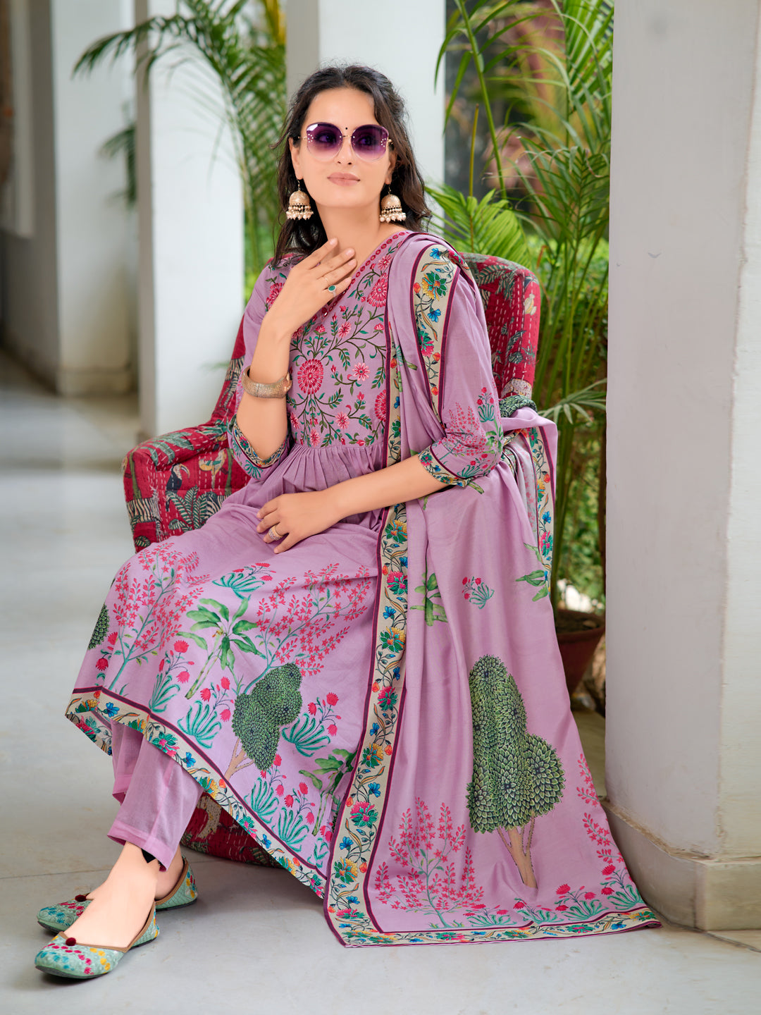 Placement Printed & Embroidered Flarded Kurta With Pant & Printed Dupatta, Lavender - Hiral Fashion - Distacart