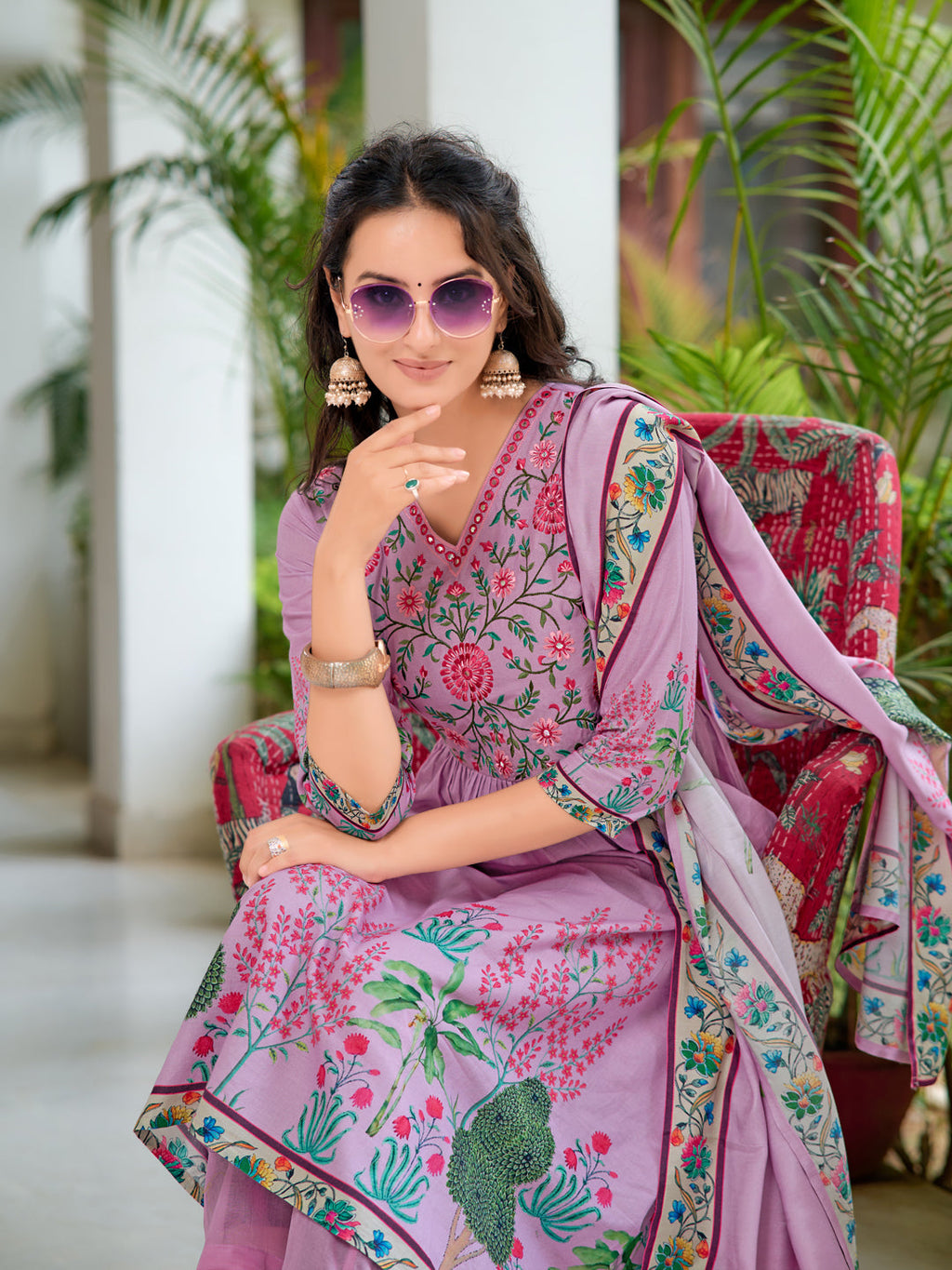 Placement Printed & Embroidered Flarded Kurta With Pant & Printed Dupatta, Lavender - Hiral Fashion - Distacart