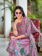 Placement Printed & Embroidered Flarded Kurta With Pant & Printed Dupatta, Lavender - Hiral Fashion - Distacart