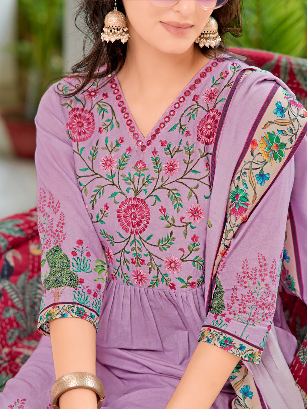 Placement Printed & Embroidered Flarded Kurta With Pant & Printed Dupatta, Lavender - Hiral Fashion - Distacart
