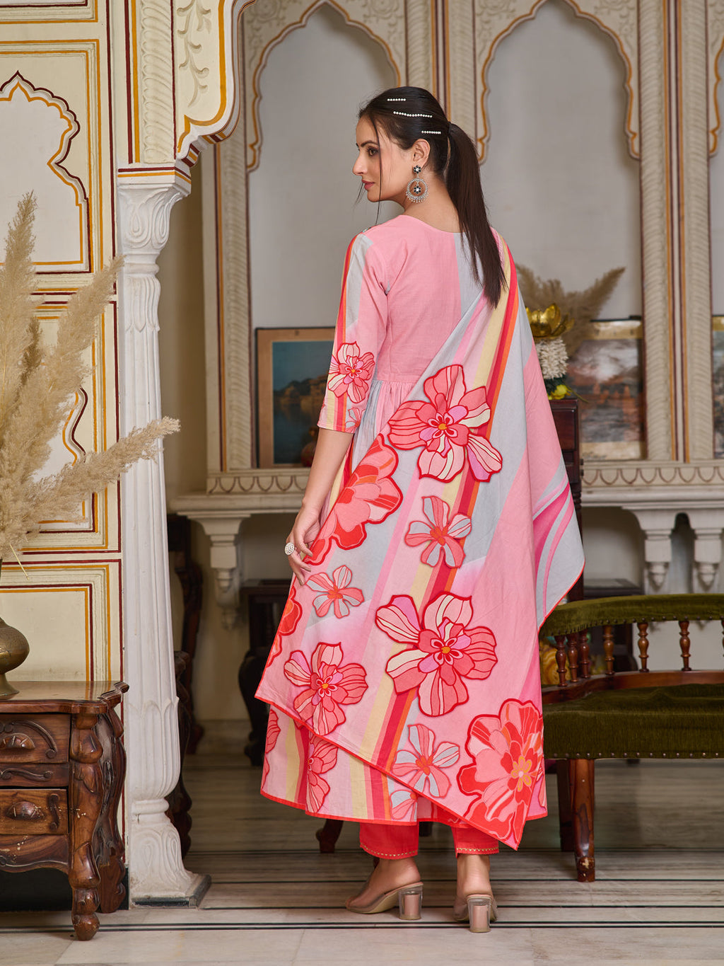 Placement Printed & Embroidered Flared Kurta With Pant & Printed Dupatta, Pink - Hiral Fashion - Distacart