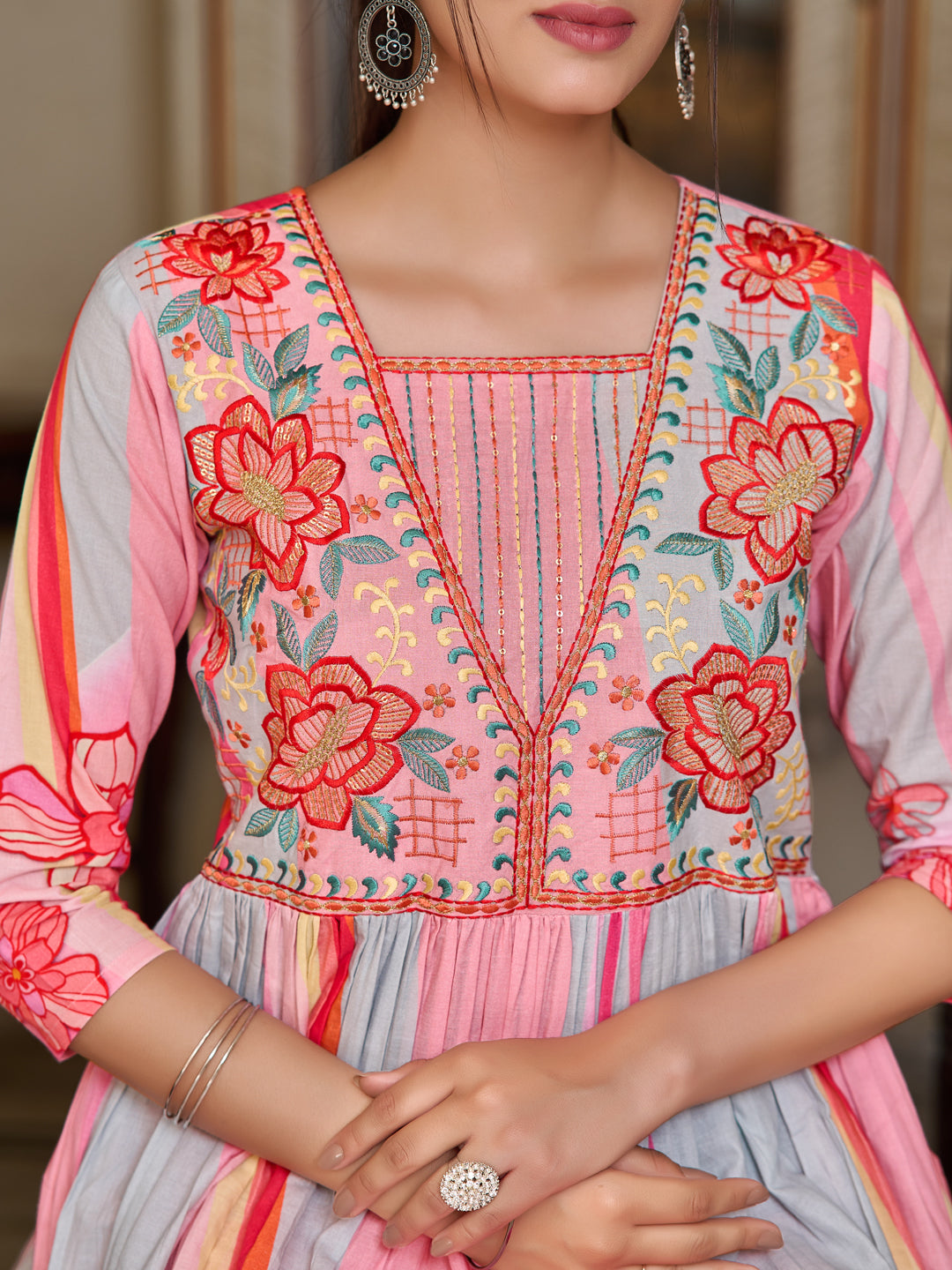 Placement Printed & Embroidered Flared Kurta With Pant & Printed Dupatta, Pink - Hiral Fashion - Distacart
