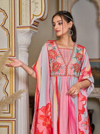 Placement Printed & Embroidered Flared Kurta With Pant & Printed Dupatta, Pink - Hiral Fashion - Distacart