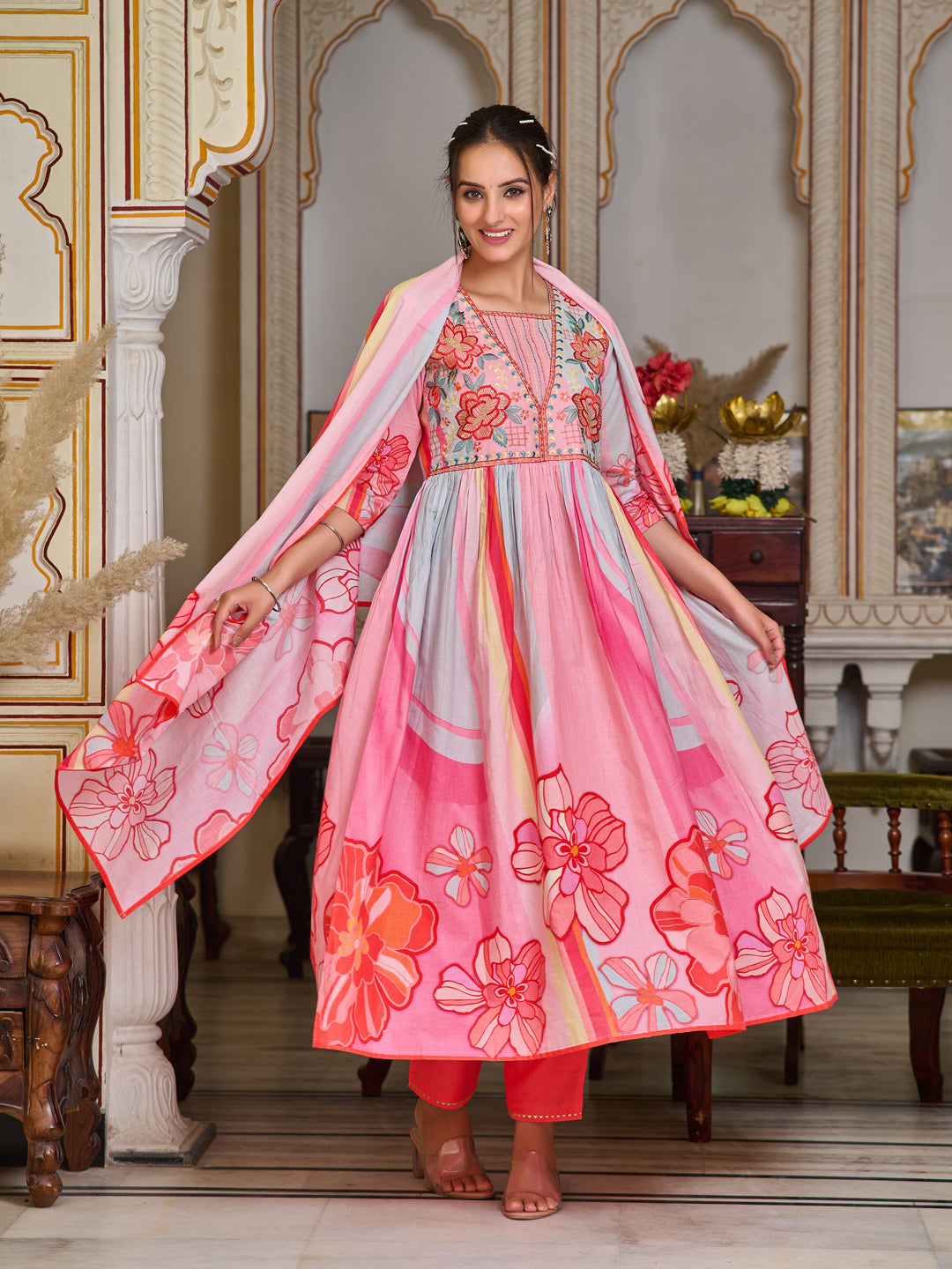 Placement Printed & Embroidered Flared Kurta With Pant & Printed Dupatta, Pink - Hiral Fashion - Distacart
