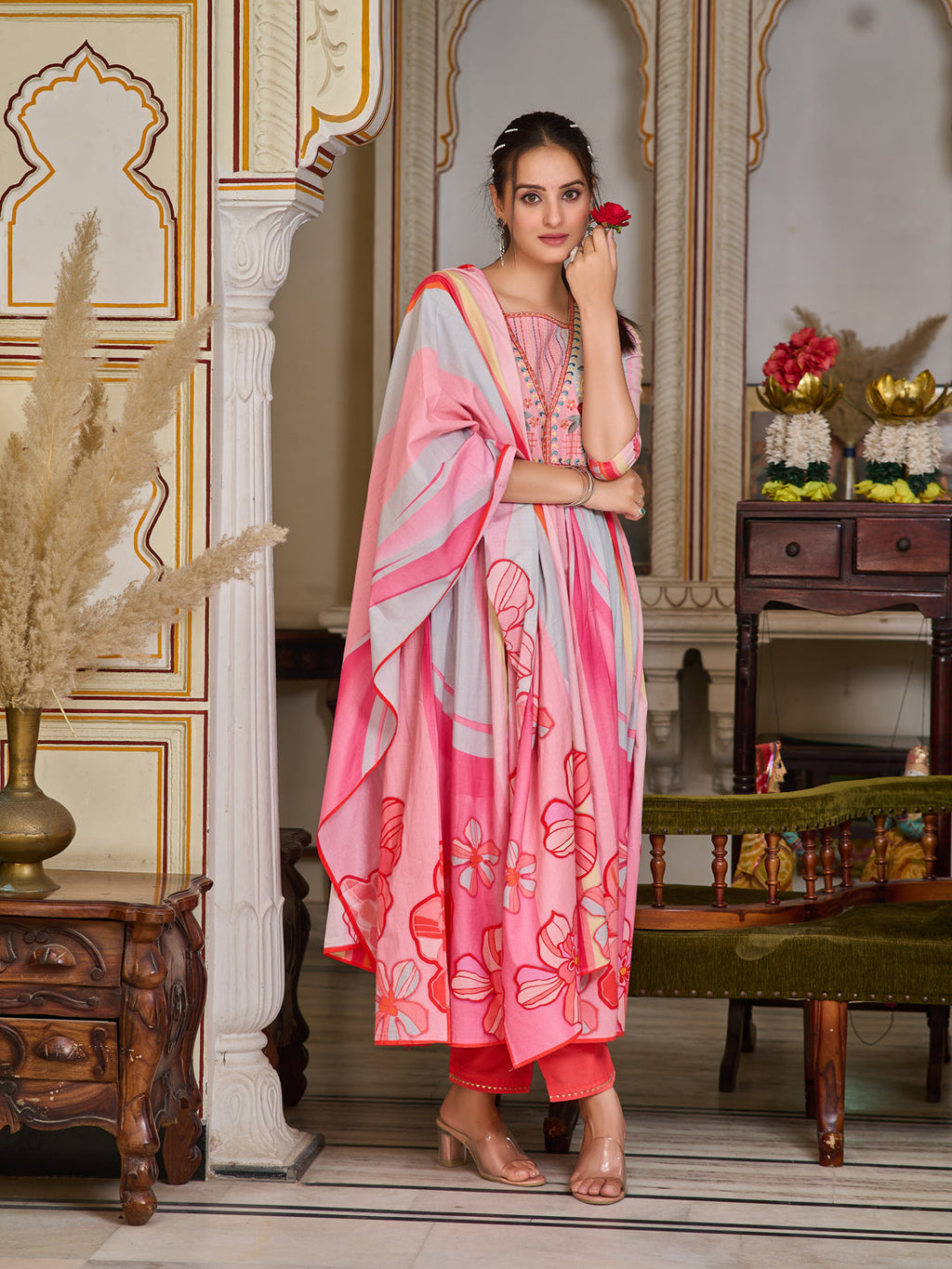 Placement Printed & Embroidered Flared Kurta With Pant & Printed Dupatta, Pink - Hiral Fashion - Distacart