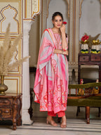 Placement Printed & Embroidered Flared Kurta With Pant & Printed Dupatta, Pink - Hiral Fashion - Distacart