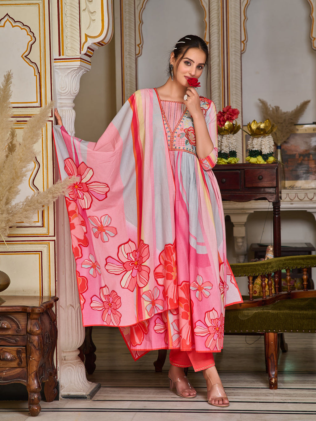Placement Printed & Embroidered Flared Kurta With Pant & Printed Dupatta, Pink - Hiral Fashion - Distacart