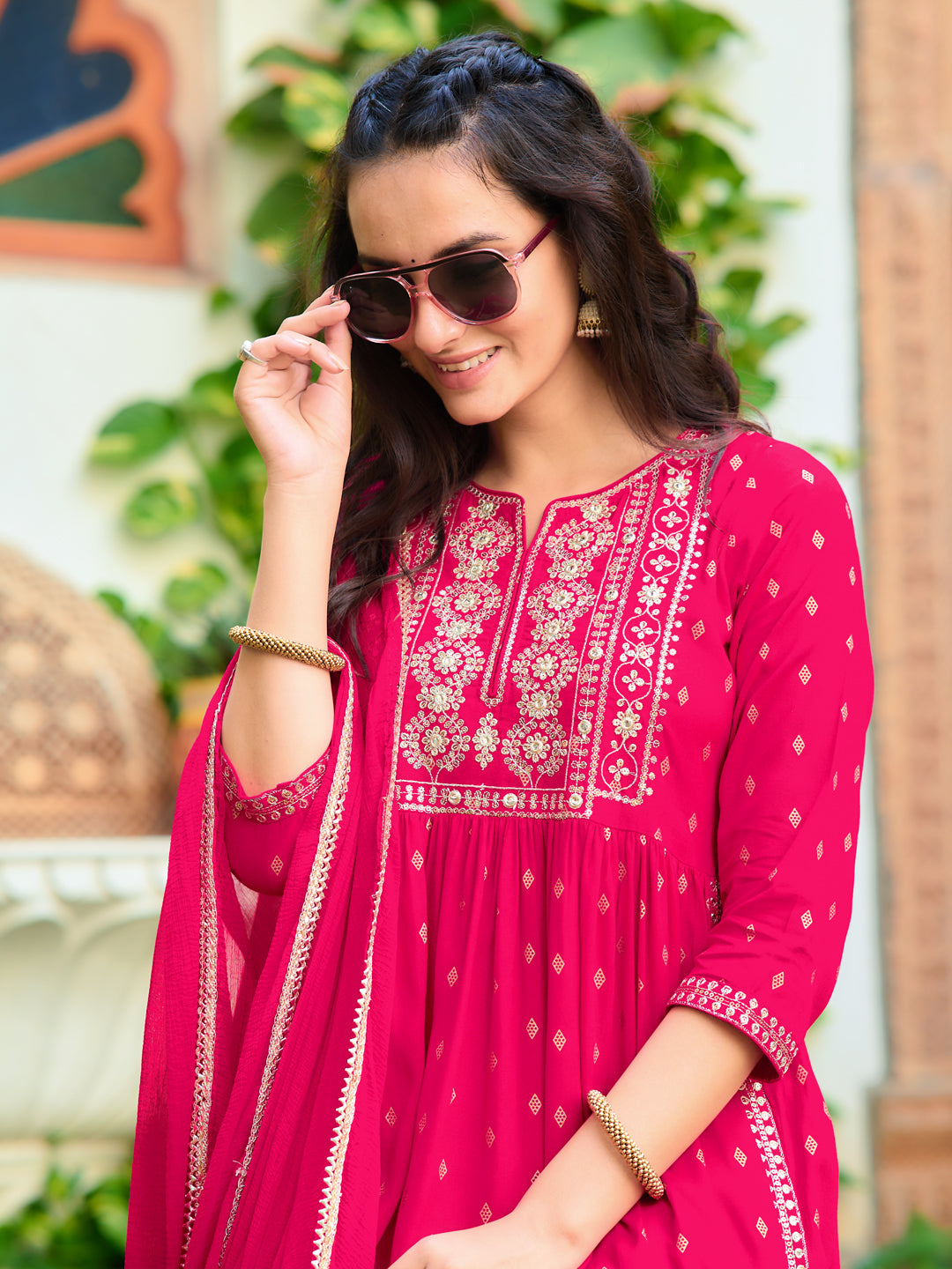 Nyra Cut Embroidered Kurta With Pant & Dupatta, Pink - Hiral Fashion - Distacart