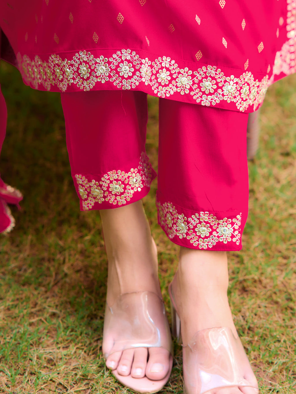 Nyra Cut Embroidered Kurta With Pant & Dupatta, Pink - Hiral Fashion - Distacart