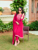 Nyra Cut Embroidered Kurta With Pant & Dupatta, Pink - Hiral Fashion - Distacart