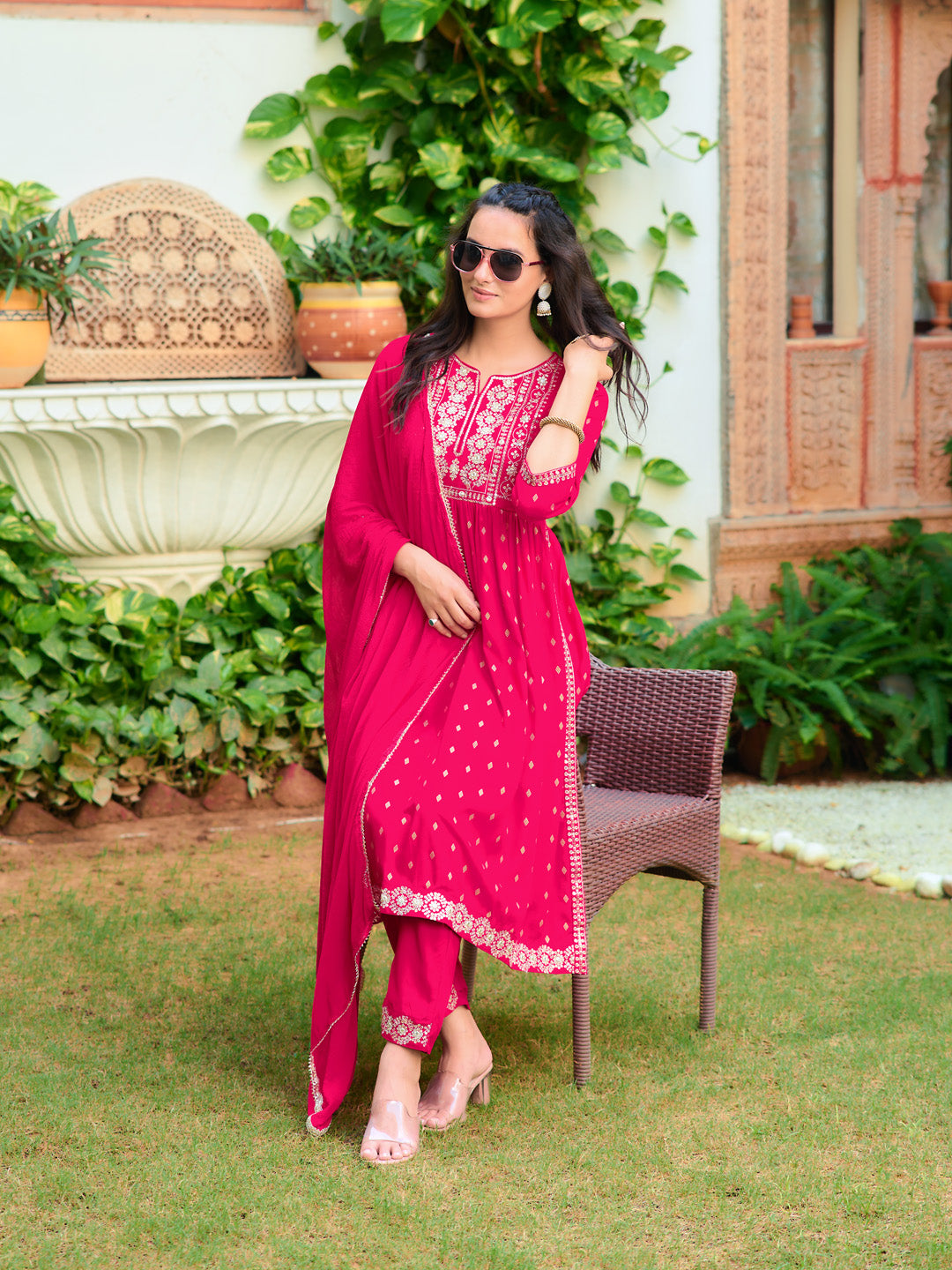 Nyra Cut Embroidered Kurta With Pant & Dupatta, Pink - Hiral Fashion - Distacart