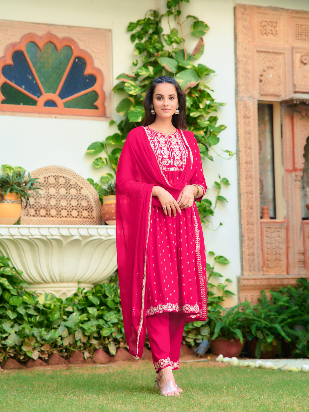 Nyra Cut Embroidered Kurta With Pant & Dupatta, Pink - Hiral Fashion - Distacart