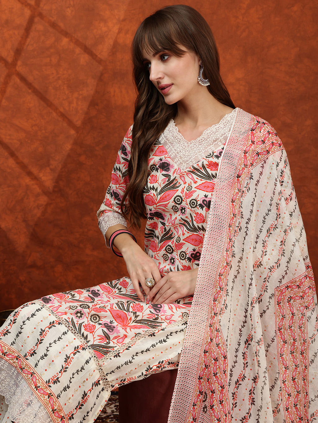 Lace Detailing & Printed Kurta With Pant & Dupatta, Pink - Hiral Fashion - Distacart