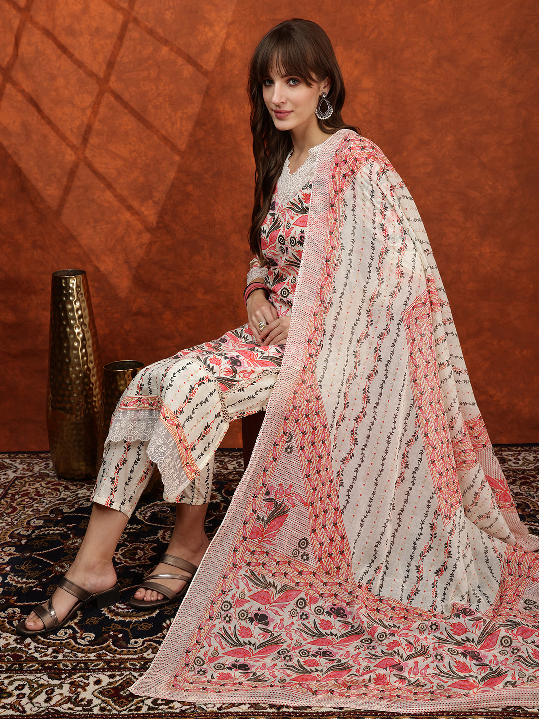 Lace Detailing & Printed Kurta With Pant & Dupatta, Pink - Hiral Fashion - Distacart