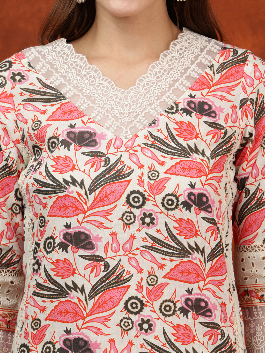 Lace Detailing & Printed Kurta With Pant & Dupatta, Pink - Hiral Fashion - Distacart