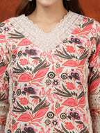 Lace Detailing & Printed Kurta With Pant & Dupatta, Pink - Hiral Fashion - Distacart
