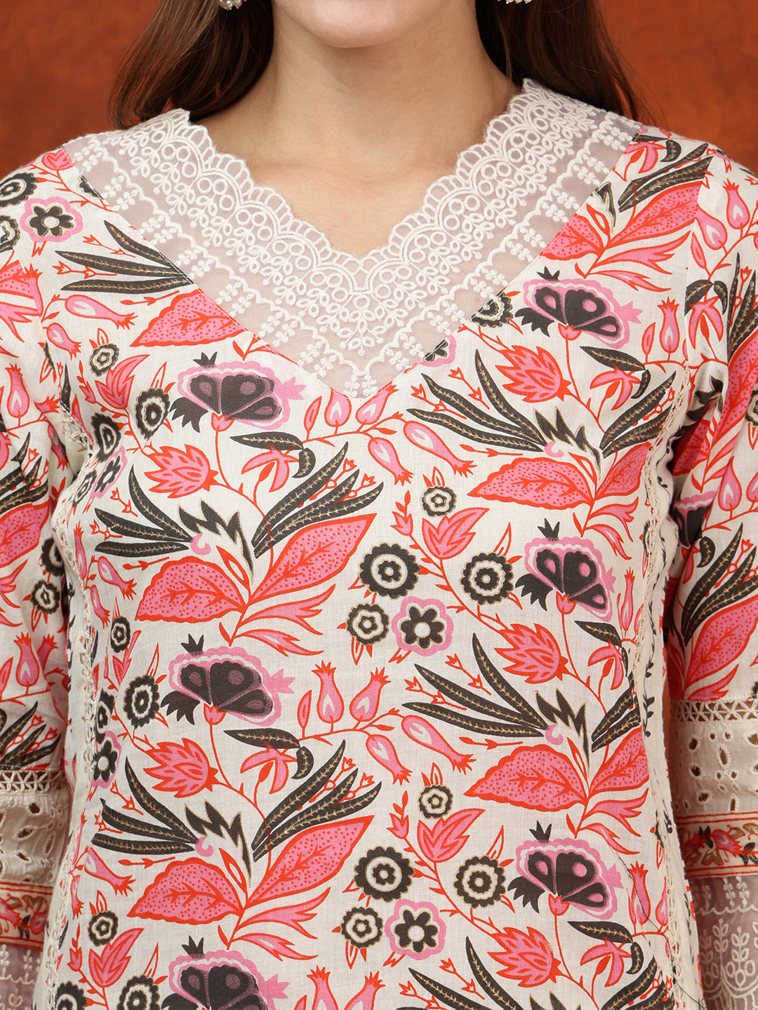 Lace Detailing & Printed Kurta With Pant & Dupatta, Pink - Hiral Fashion - Distacart