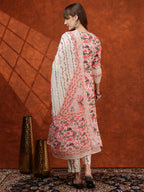 Lace Detailing & Printed Kurta With Pant & Dupatta, Pink - Hiral Fashion - Distacart