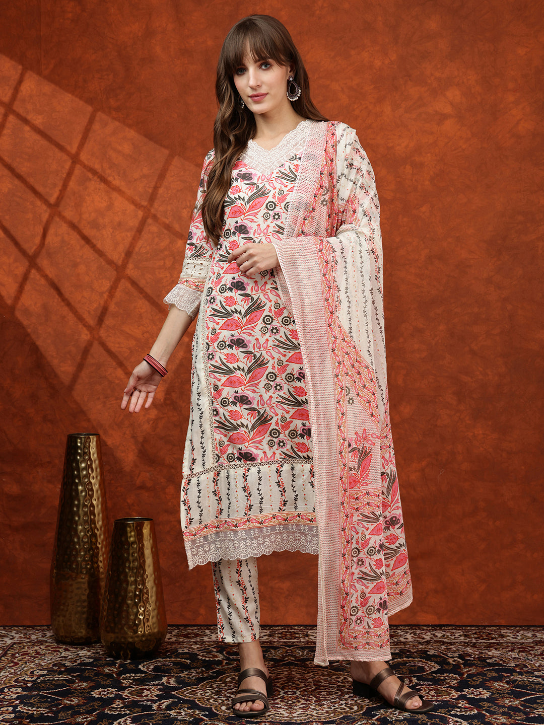 Lace Detailing & Printed Kurta With Pant & Dupatta, Pink - Hiral Fashion - Distacart