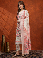 Lace Detailing & Printed Kurta With Pant & Dupatta, Pink - Hiral Fashion - Distacart
