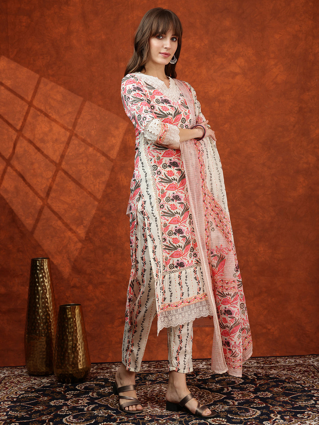 Lace Detailing & Printed Kurta With Pant & Dupatta, Pink - Hiral Fashion - Distacart