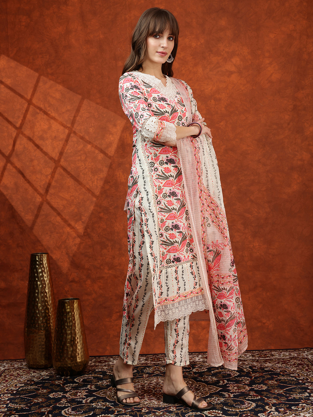 Lace Detailing & Printed Kurta With Pant & Dupatta, Pink - Hiral Fashion - Distacart