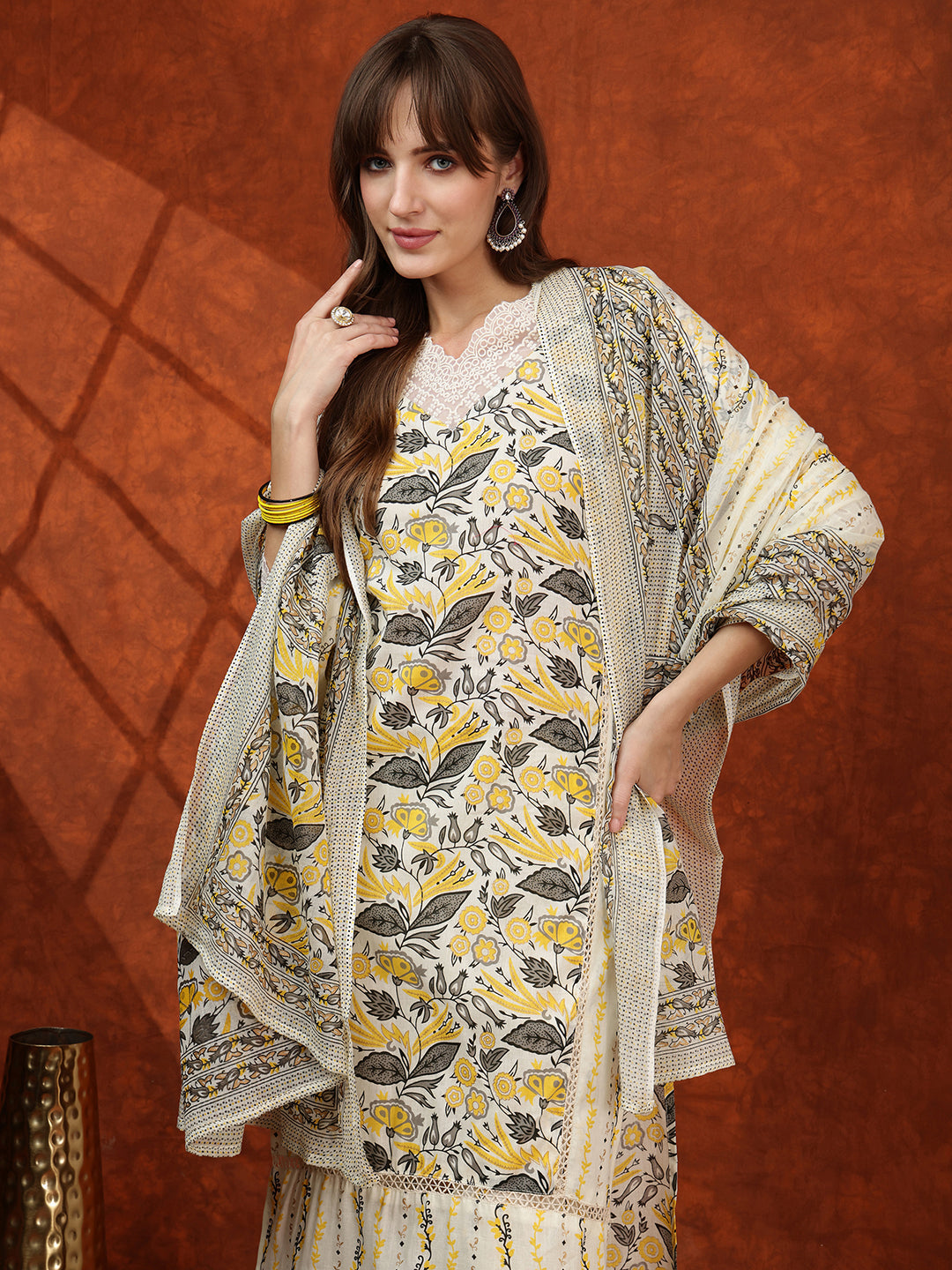 Lace Detailing & Printed Kurta With Pant & Dupatta, Yellow - Hiral Fashion - Distacart