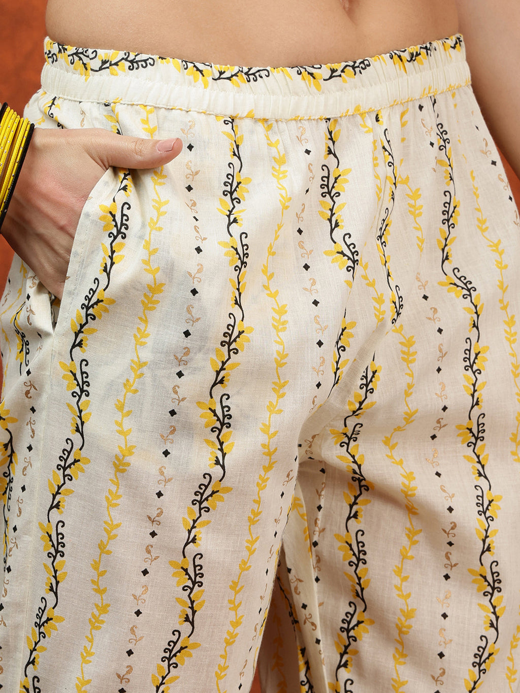 Lace Detailing & Printed Kurta With Pant & Dupatta, Yellow - Hiral Fashion - Distacart