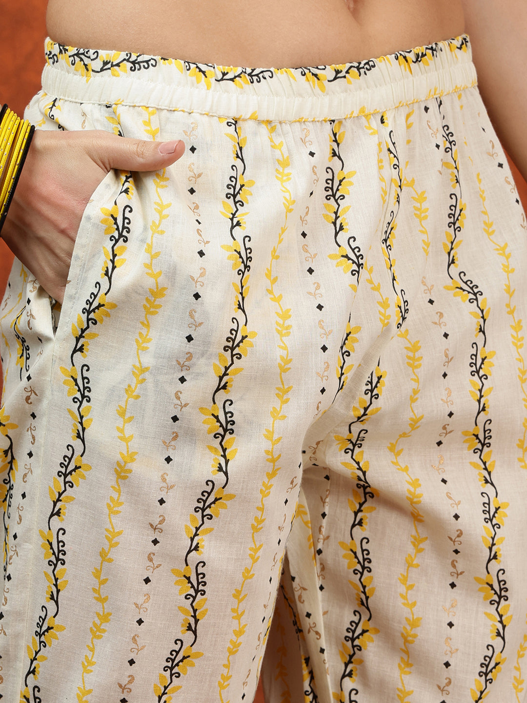 Lace Detailing & Printed Kurta With Pant & Dupatta, Yellow - Hiral Fashion - Distacart