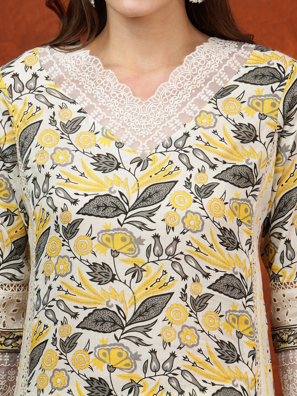Lace Detailing & Printed Kurta With Pant & Dupatta, Yellow - Hiral Fashion - Distacart